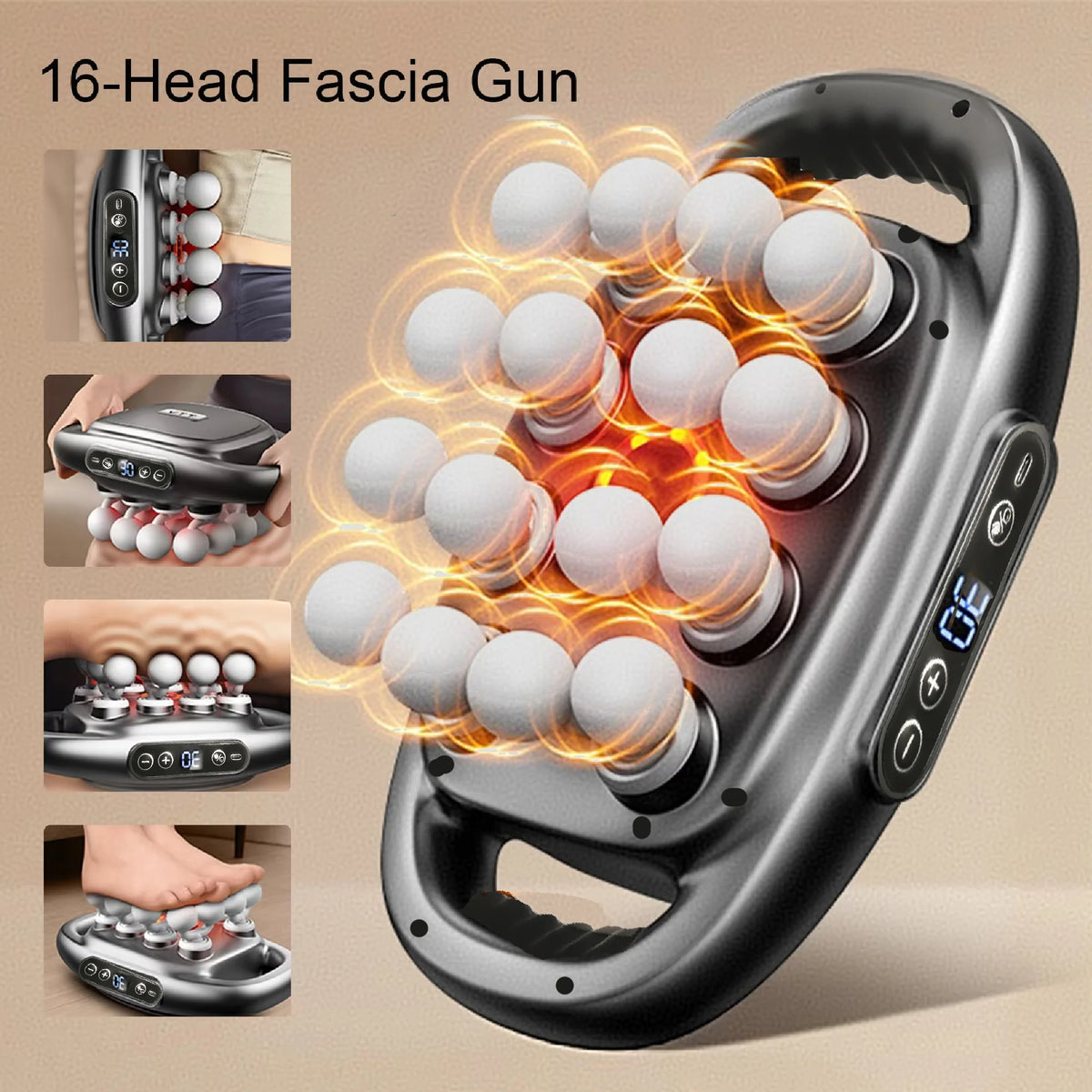 Pistola Masajeadora de Percusión 16 Cabezales para Fascia Muscular